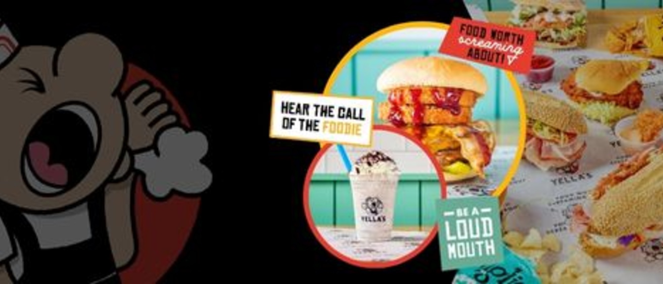 cartoon character "yelling" next to images of Yella's sandwiches and food