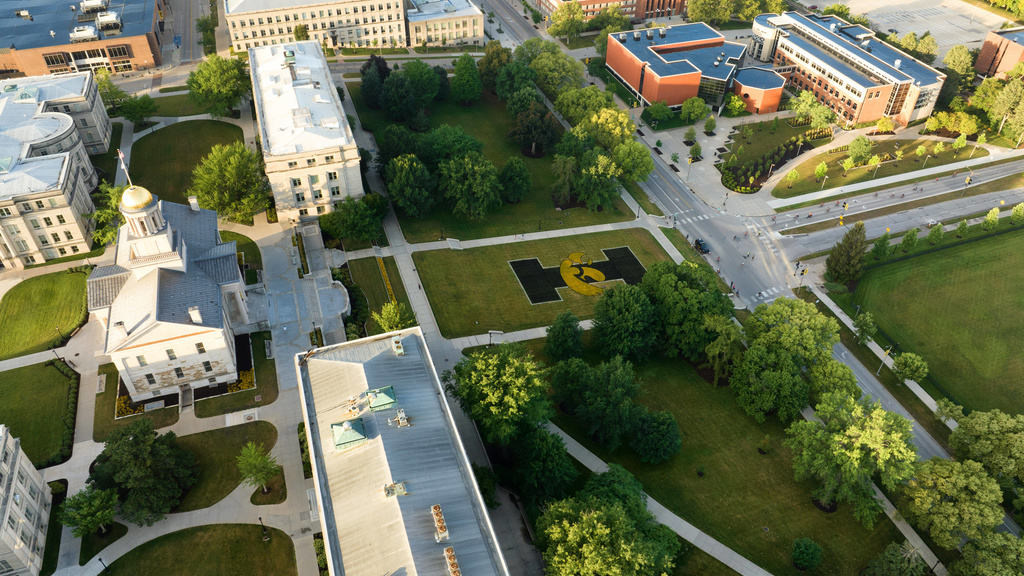 Pentacrest on Iowa campus drone view
